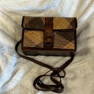 Vintage Rattan and Leather woven cube bag with handle and long strap hand made
